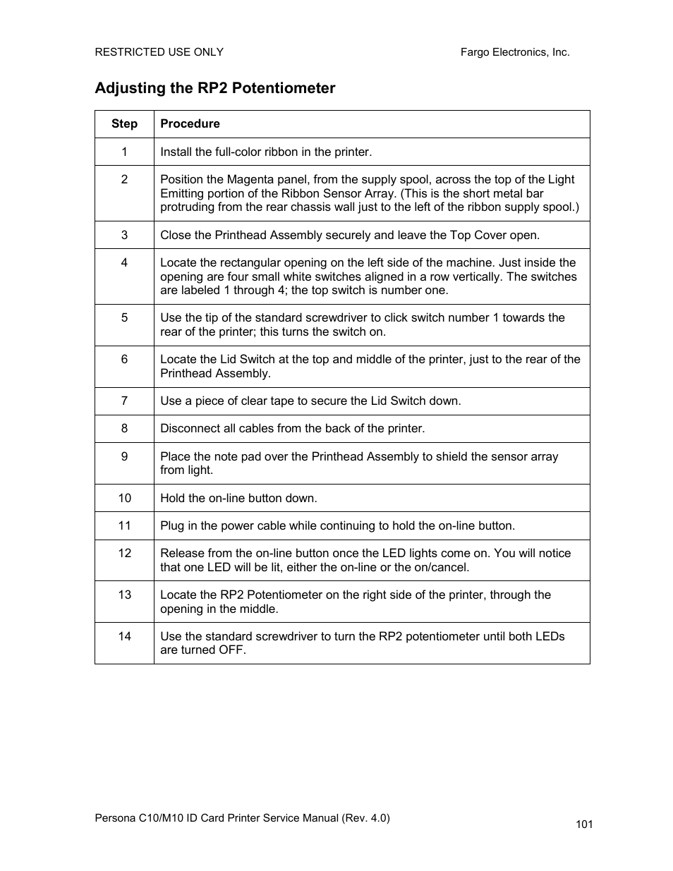 Adjusting the rp2 potentiometer | FARGO electronic PERSONA C10 User Manual | Page 101 / 178