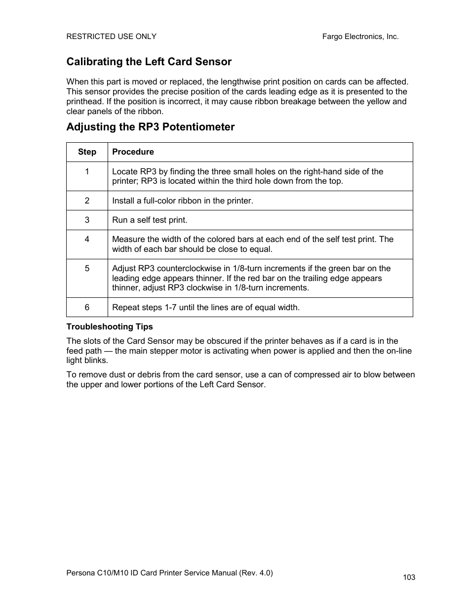 Calibrating the left card sensor, Adjusting the rp3 potentiometer | FARGO electronic PERSONA C10 User Manual | Page 103 / 178