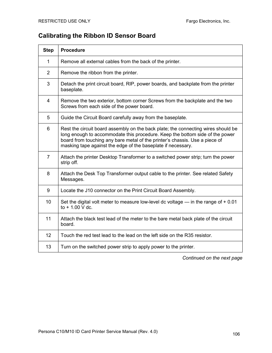 Calibrating the ribbon id sensor board | FARGO electronic PERSONA C10 User Manual | Page 106 / 178