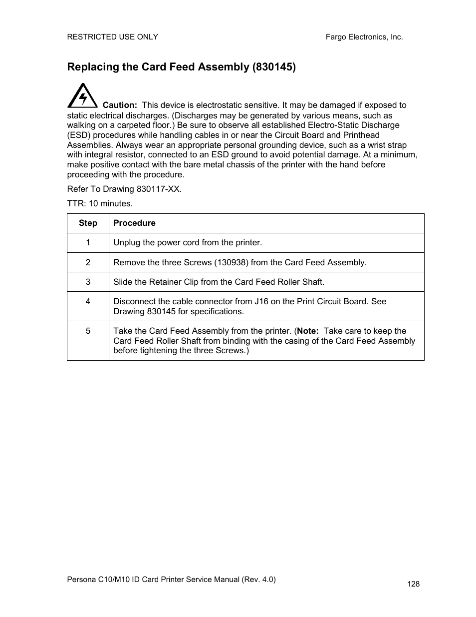 Replacing the card feed assembly (830145) | FARGO electronic PERSONA C10 User Manual | Page 128 / 178