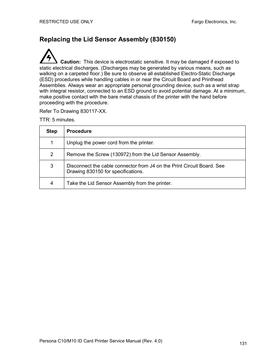 Replacing the lid sensor assembly (830150) | FARGO electronic PERSONA C10 User Manual | Page 131 / 178