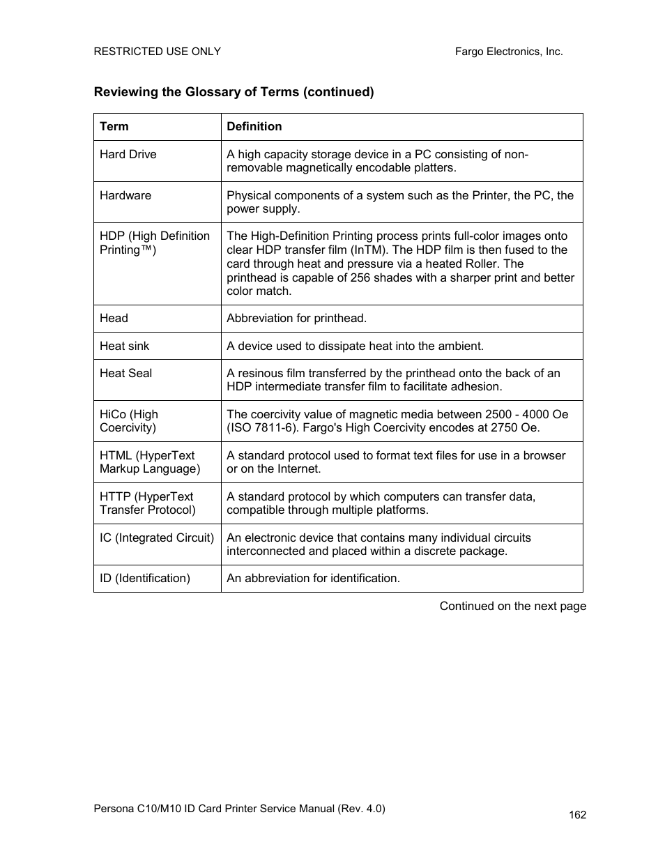 Reviewing the glossary of terms (continued) | FARGO electronic PERSONA C10 User Manual | Page 162 / 178