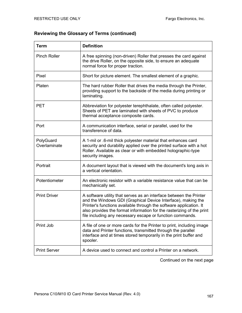 Reviewing the glossary of terms (continued) | FARGO electronic PERSONA C10 User Manual | Page 167 / 178