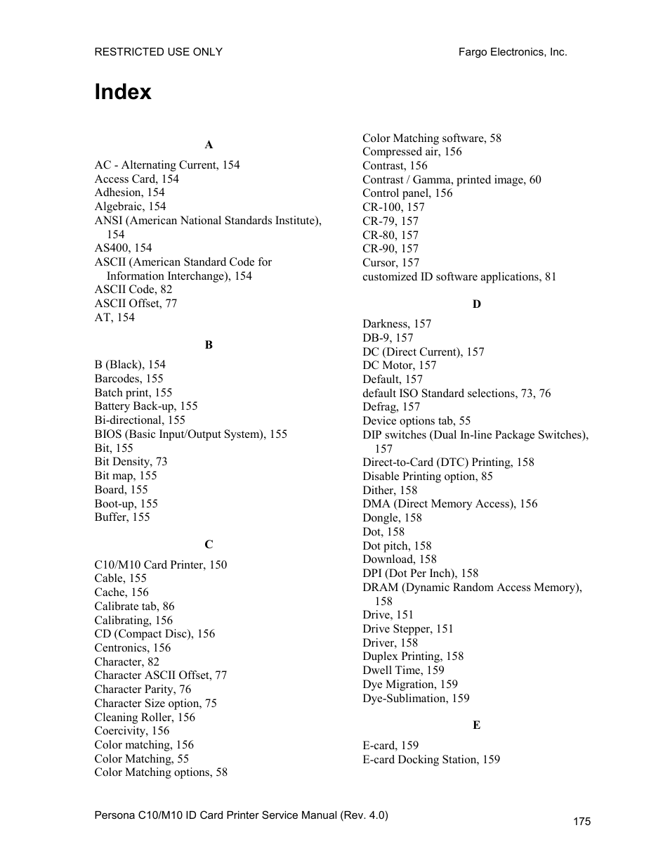 Index | FARGO electronic PERSONA C10 User Manual | Page 175 / 178