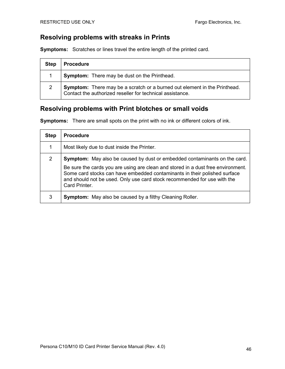 Resolving problems with streaks in prints | FARGO electronic PERSONA C10 User Manual | Page 46 / 178