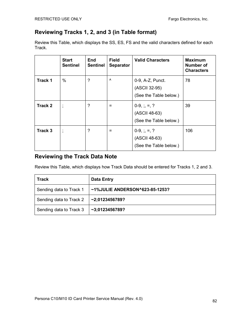 Reviewing tracks 1, 2, and 3 (in table format), Reviewing the track data note | FARGO electronic PERSONA C10 User Manual | Page 82 / 178