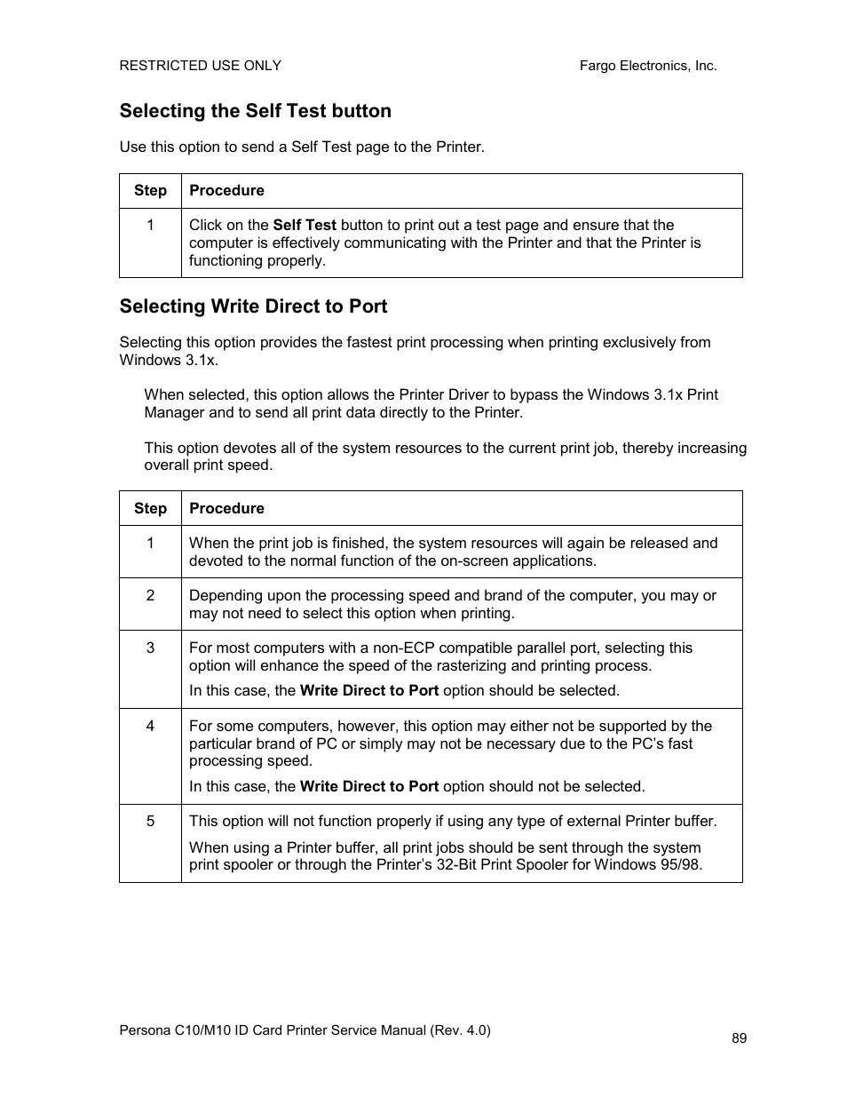 Selecting the self test button, Selecting write direct to port | FARGO electronic PERSONA C10 User Manual | Page 89 / 178