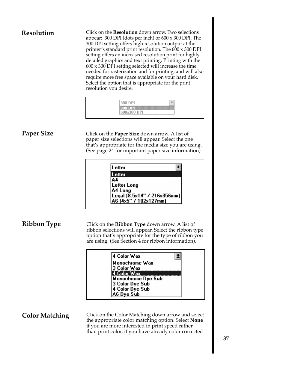 Paper size, Ribbon type, Color matching | Resolution | FARGO electronic 76503 User Manual | Page 39 / 95