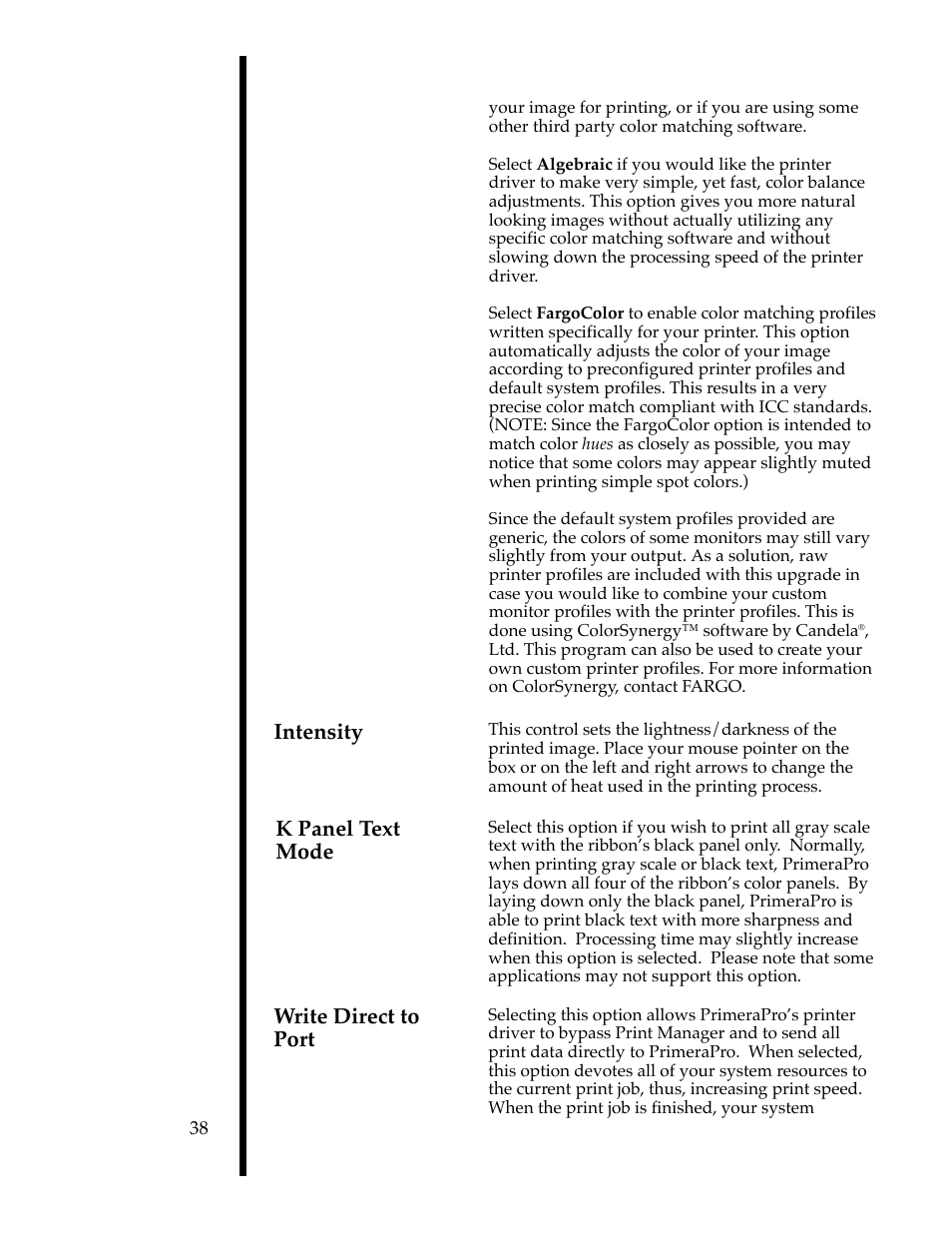 Intensity, K panel text mode, Write direct to port | FARGO electronic 76503 User Manual | Page 40 / 95