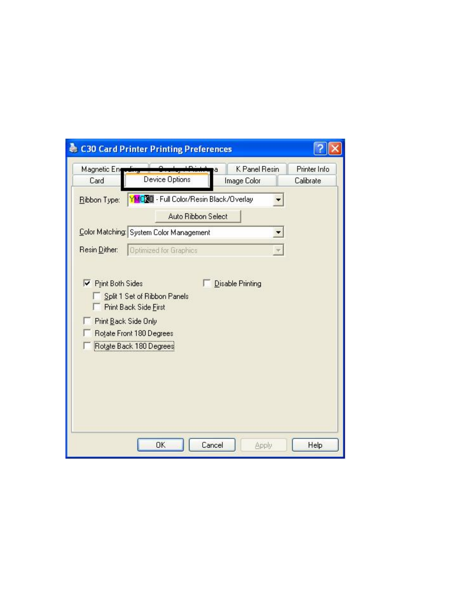 Using the device options tab (c30), Using the device options tab (c30) -14, Reviewing the device options tab -14 | Reviewing the device options tab | FARGO electronic C30 User Manual | Page 121 / 298