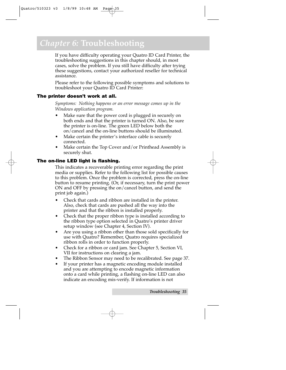 Chapter 6: troubleshooting | FARGO electronic Quatro ID Card Printer User Manual | Page 39 / 56