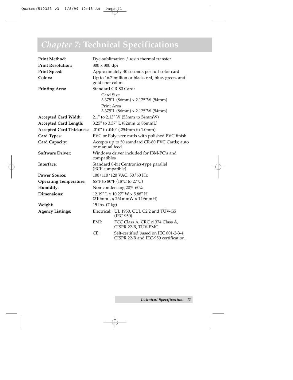 Chapter 7: technical specifications | FARGO electronic Quatro ID Card Printer User Manual | Page 45 / 56