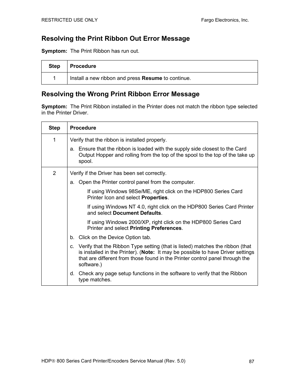 Resolving the print ribbon out error message, Resolving the wrong print ribbon error message | FARGO electronic HDP820 User Manual | Page 101 / 370