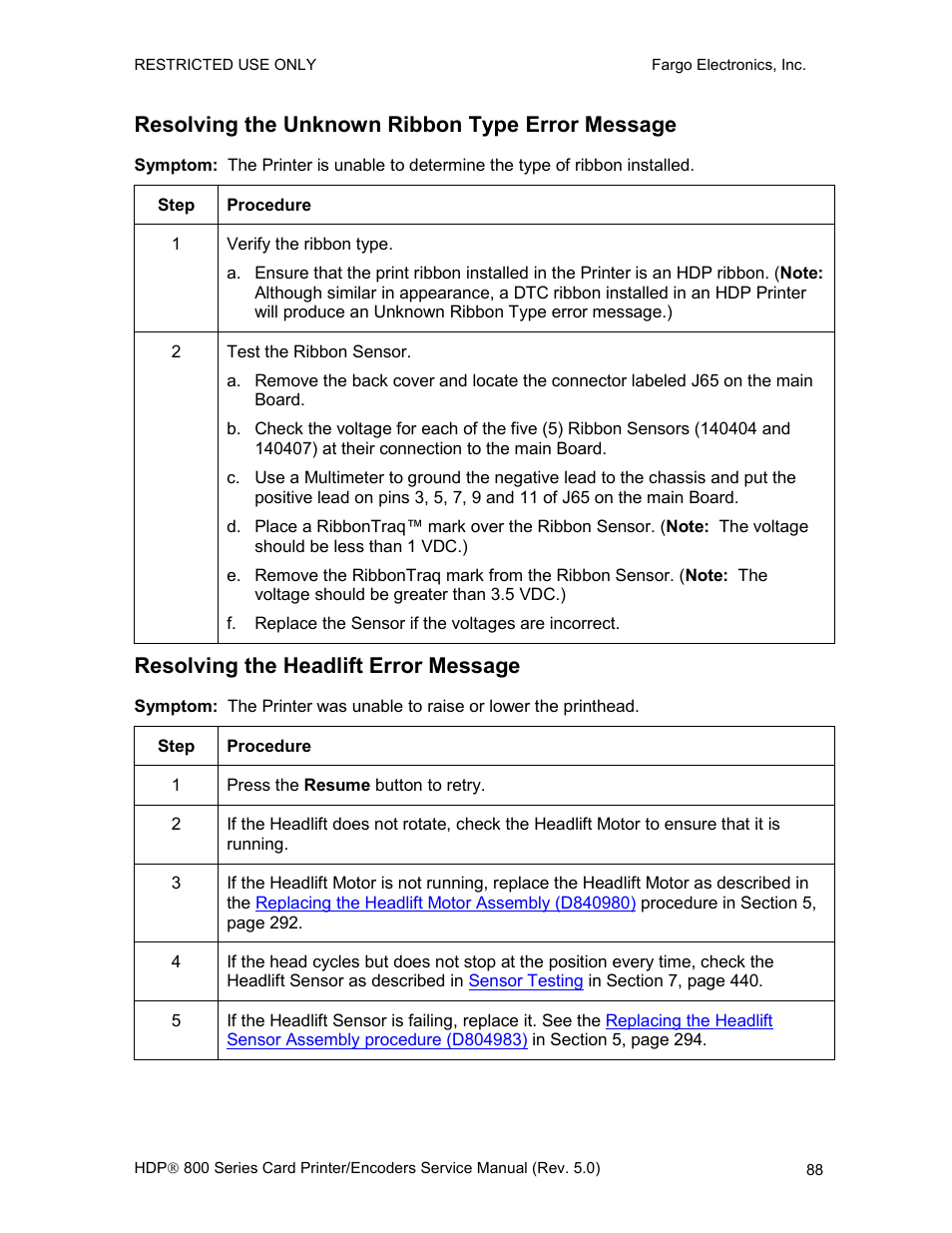 Resolving the unknown ribbon type error message, Resolving the headlift error message | FARGO electronic HDP820 User Manual | Page 102 / 370