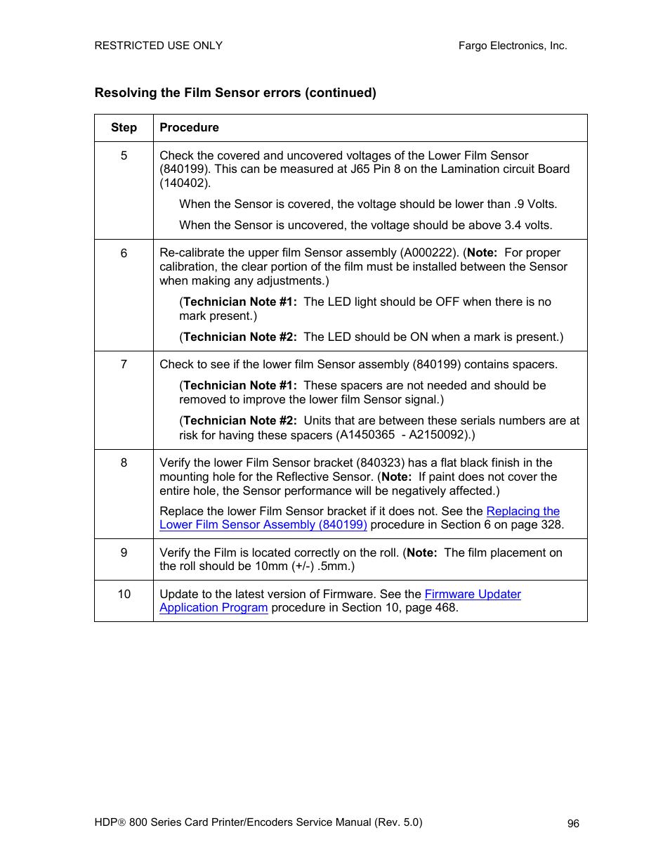 Resolving the film sensor errors (continued), Resolving the transfer, Cooling error | FARGO electronic HDP820 User Manual | Page 110 / 370