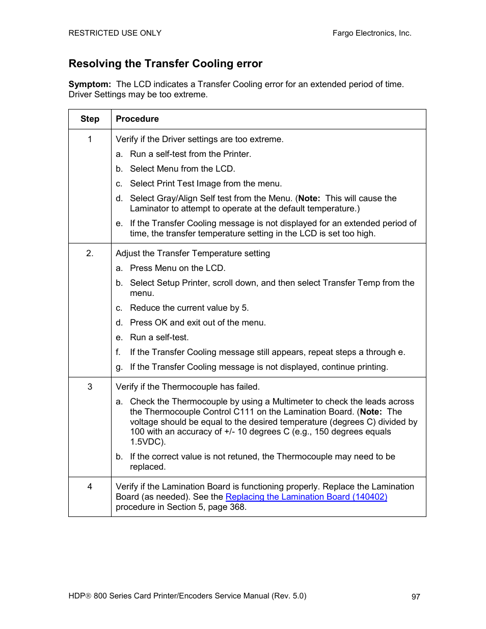 Resolving the transfer cooling error, E 97 | FARGO electronic HDP820 User Manual | Page 111 / 370