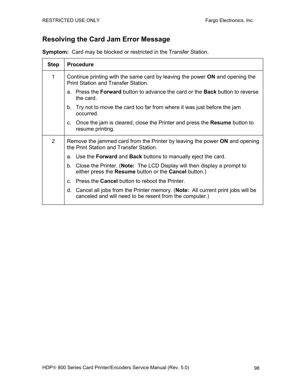 Resolving the card jam error message | FARGO electronic HDP820 User Manual | Page 112 / 370