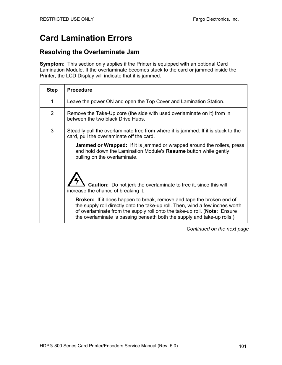 Card lamination errors, Resolving the overlaminate jam | FARGO electronic HDP820 User Manual | Page 115 / 370