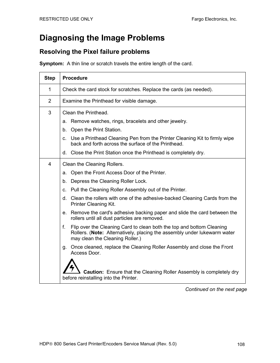 Diagnosing the image problems, Resolving the pixel failure problems | FARGO electronic HDP820 User Manual | Page 122 / 370
