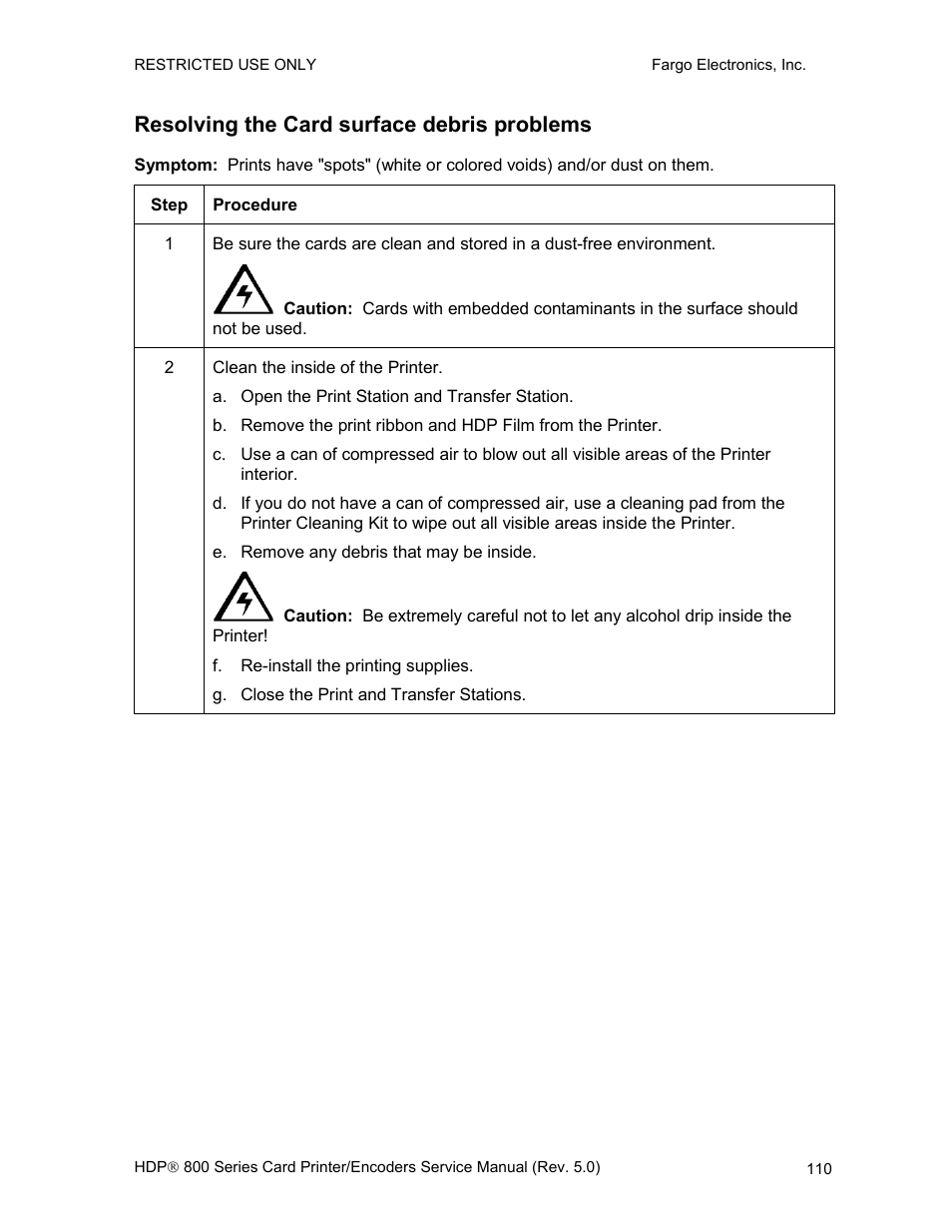 Resolving the card surface debris problems | FARGO electronic HDP820 User Manual | Page 124 / 370