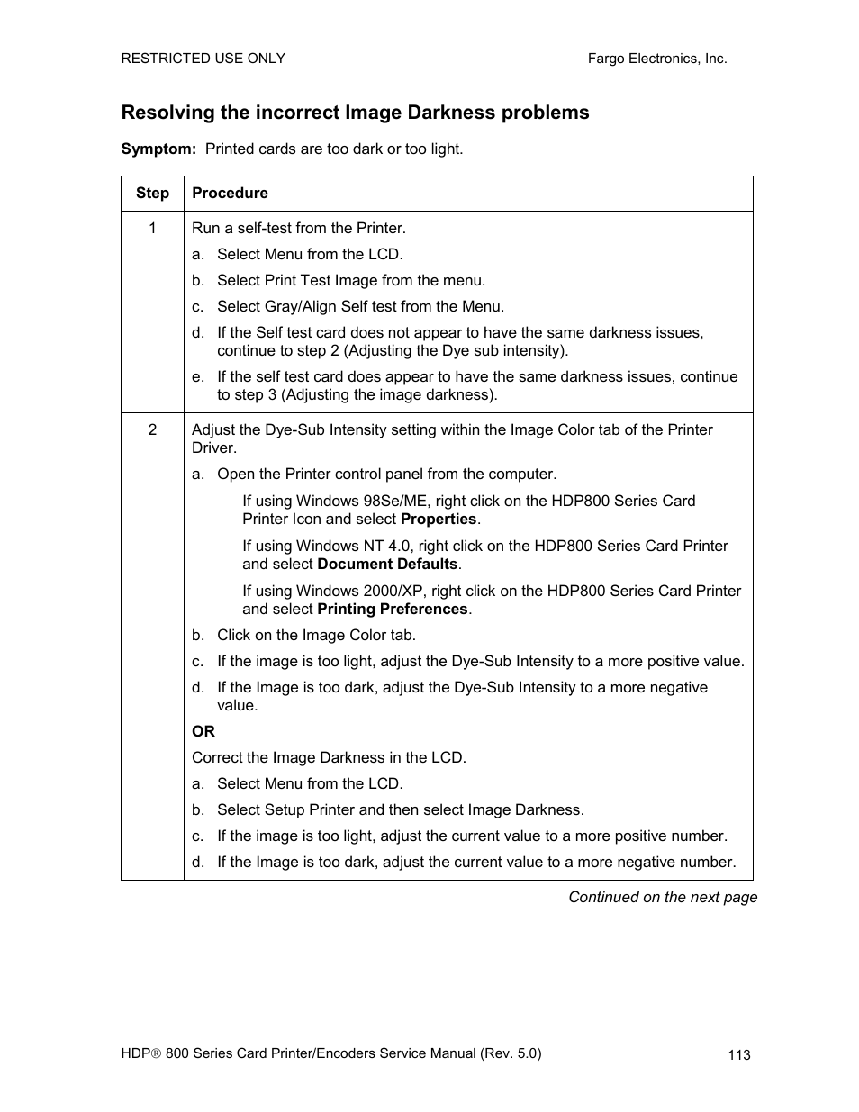 Resolving the incorrect image darkness problems | FARGO electronic HDP820 User Manual | Page 127 / 370