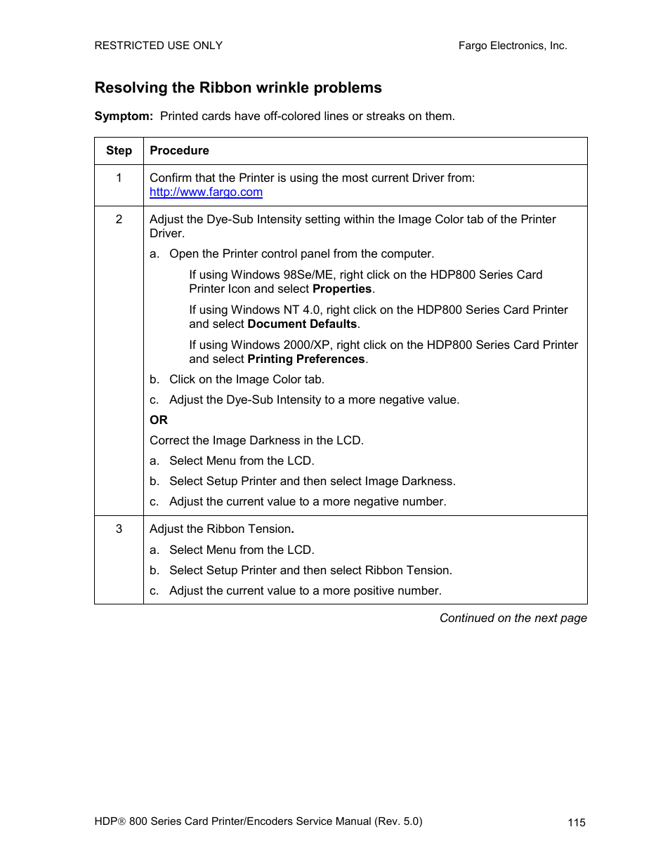 Resolving the ribbon wrinkle problems | FARGO electronic HDP820 User Manual | Page 129 / 370