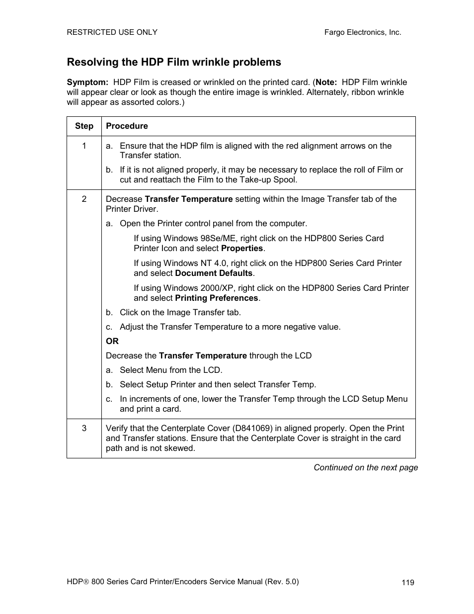 Resolving the hdp film wrinkle problems | FARGO electronic HDP820 User Manual | Page 133 / 370