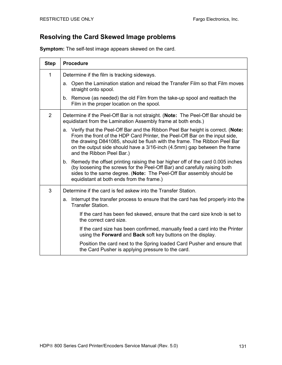 Resolving the card skewed image problems, Printing a test image | FARGO electronic HDP820 User Manual | Page 145 / 370