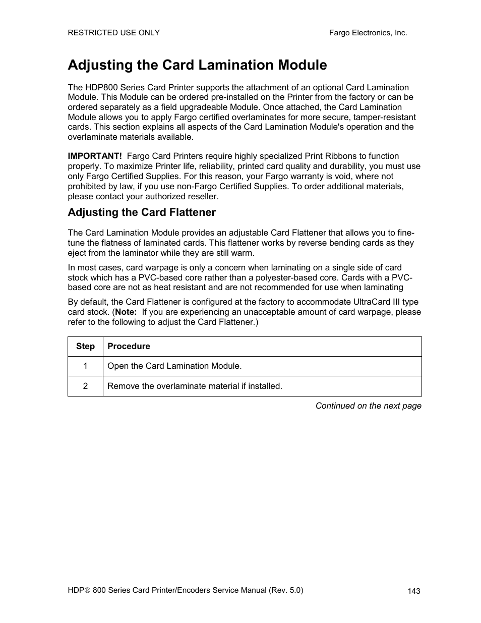 Adjusting the card lamination module, Adjusting the card flattener, Opening the card | Lamination module | FARGO electronic HDP820 User Manual | Page 157 / 370