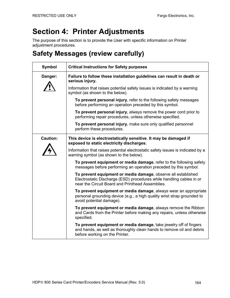 Section 4: printer adjustments, Safety messages (review carefully) | FARGO electronic HDP820 User Manual | Page 178 / 370