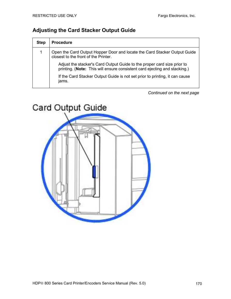 Adjusting the card stacker output guide | FARGO electronic HDP820 User Manual | Page 184 / 370
