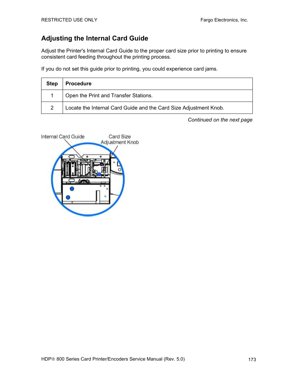 Adjusting the internal card guide | FARGO electronic HDP820 User Manual | Page 187 / 370