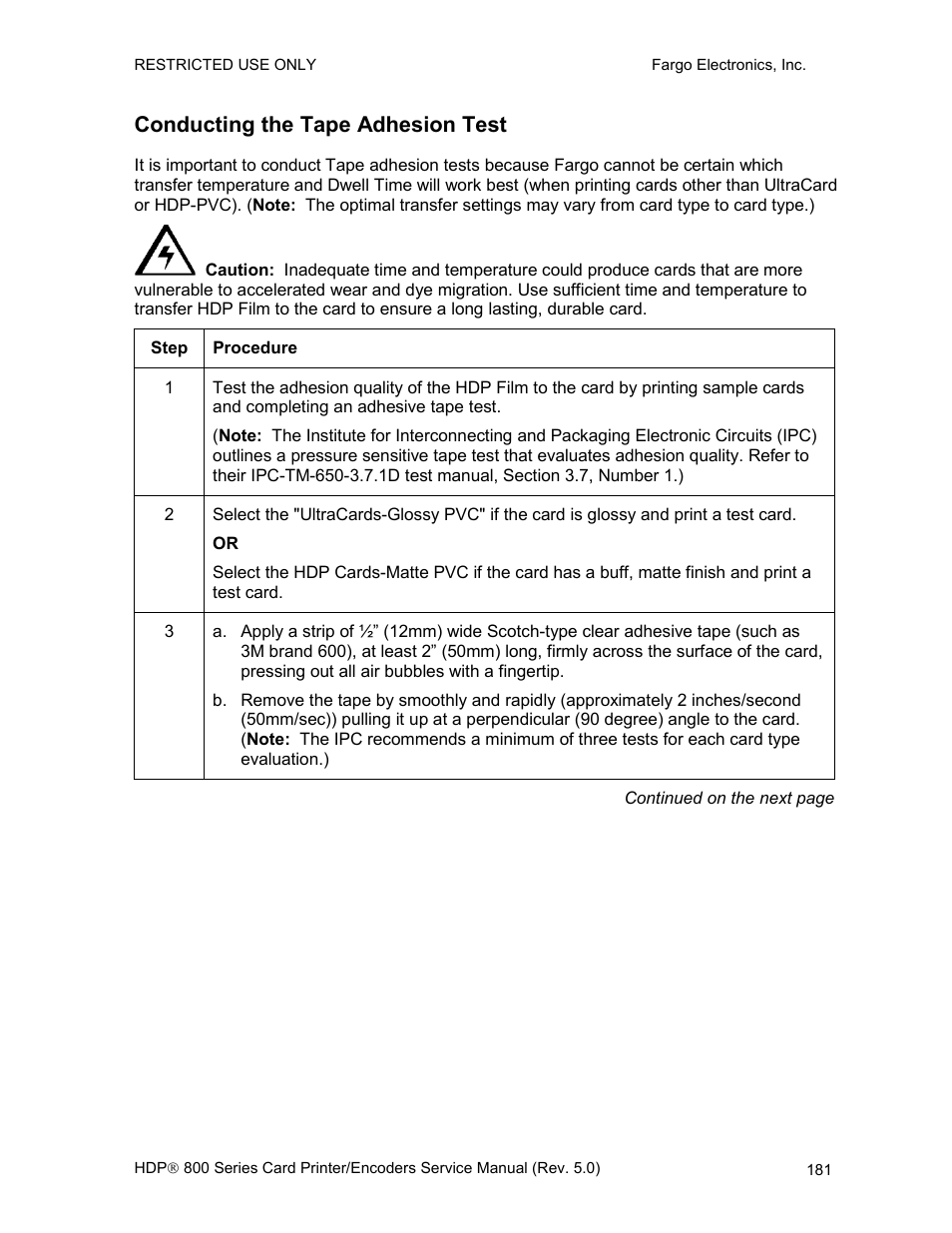 Conducting the tape adhesion test | FARGO electronic HDP820 User Manual | Page 195 / 370