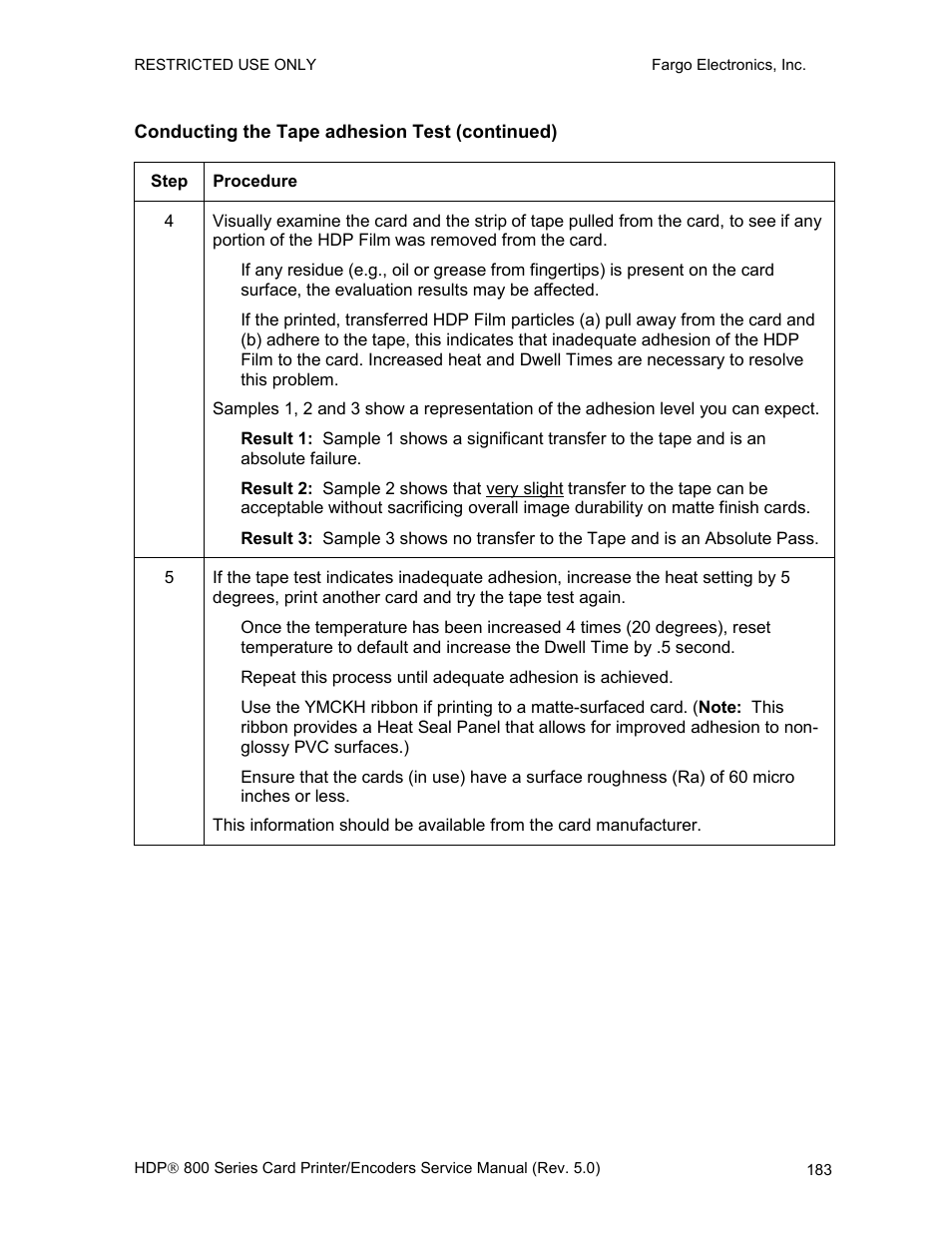 Conducting the tape adhesion test (continued) | FARGO electronic HDP820 User Manual | Page 197 / 370
