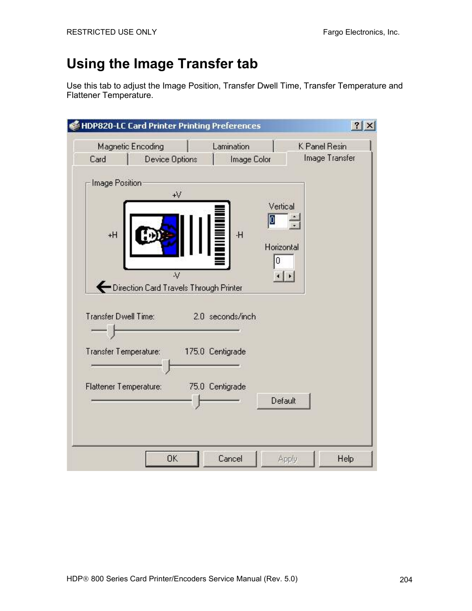 Using the image transfer tab, Adjusting the image transfer tab | FARGO electronic HDP820 User Manual | Page 218 / 370