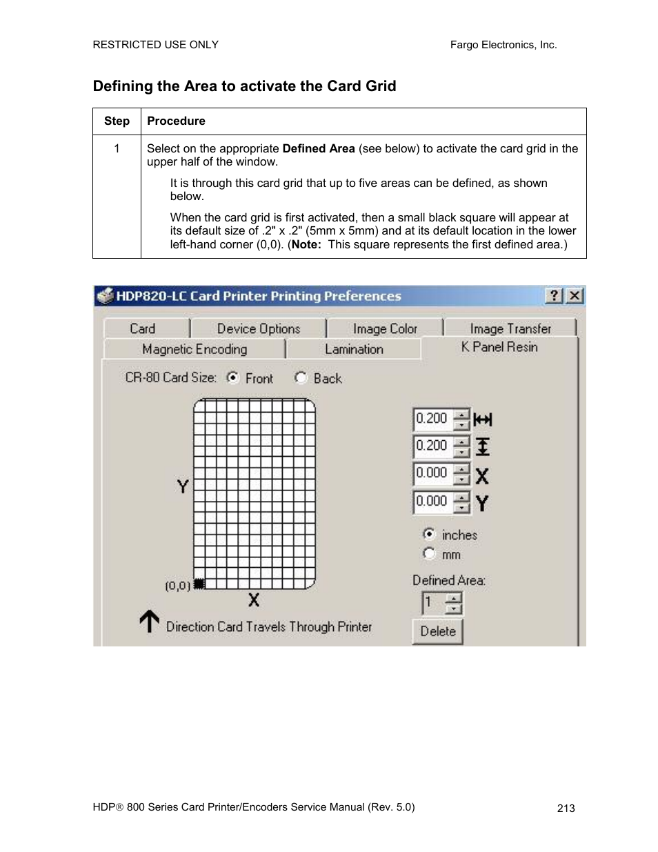 Defining the area to activate the card grid | FARGO electronic HDP820 User Manual | Page 227 / 370