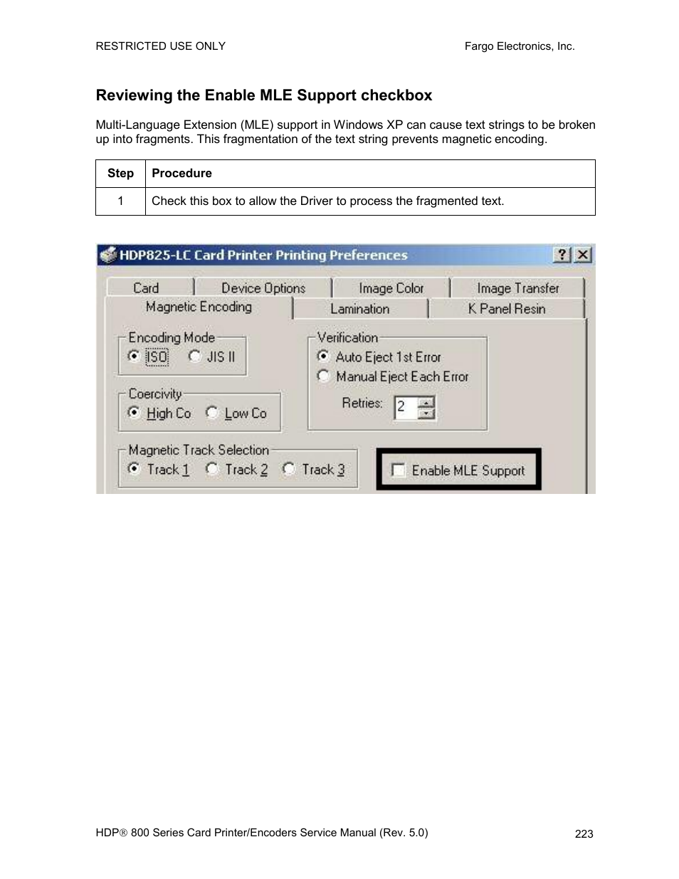 Reviewing the enable mle support checkbox | FARGO electronic HDP820 User Manual | Page 237 / 370