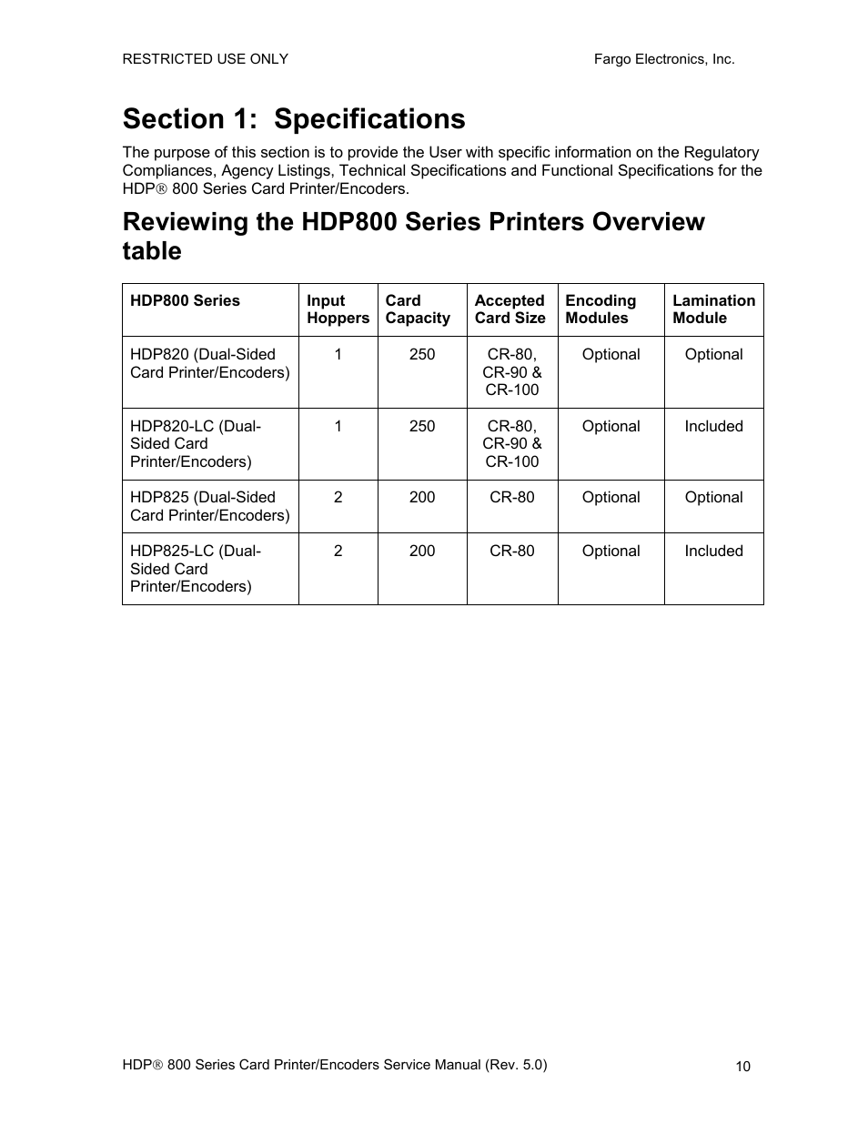 Section 1: specifications | FARGO electronic HDP820 User Manual | Page 24 / 370