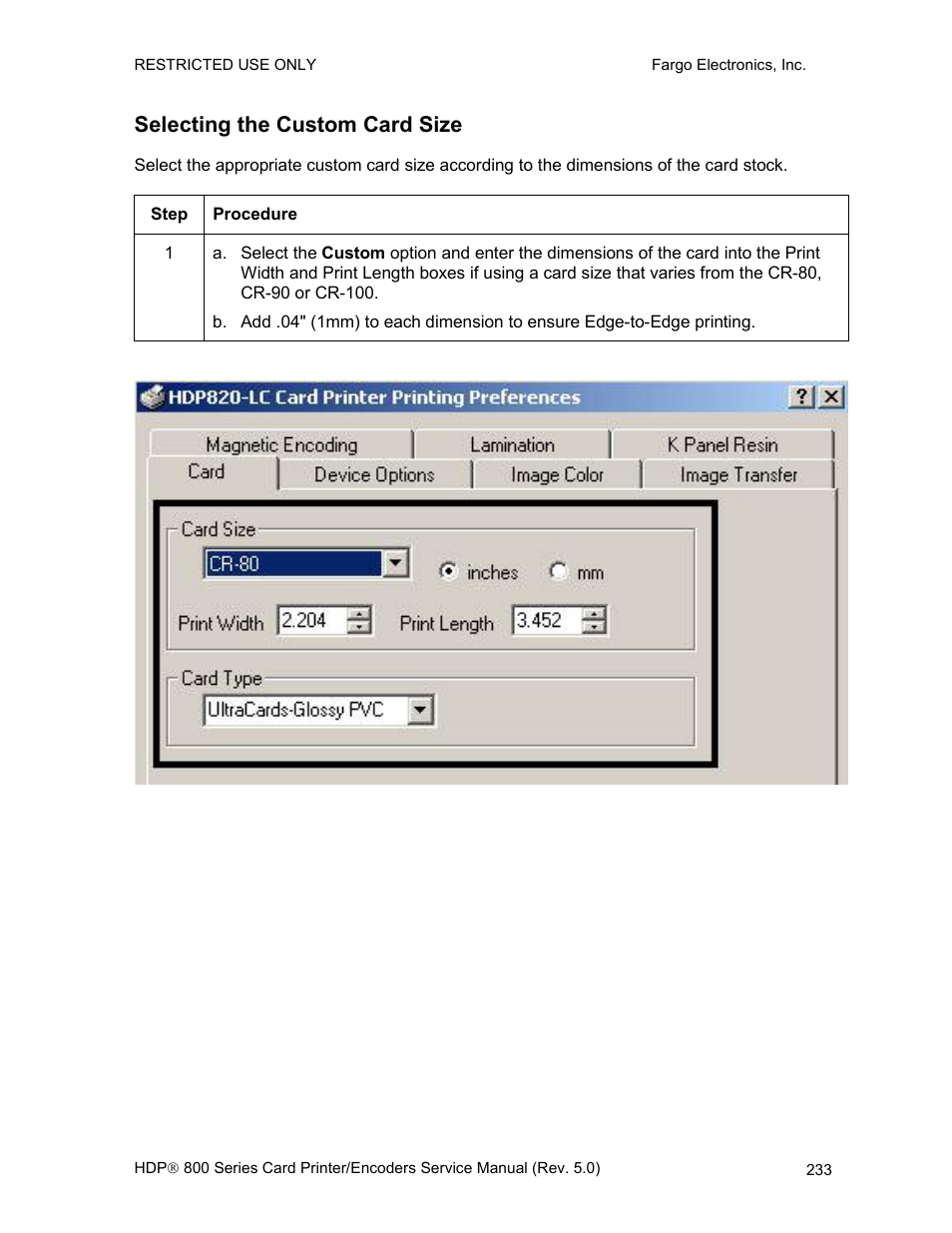 Selecting the custom card size | FARGO electronic HDP820 User Manual | Page 247 / 370