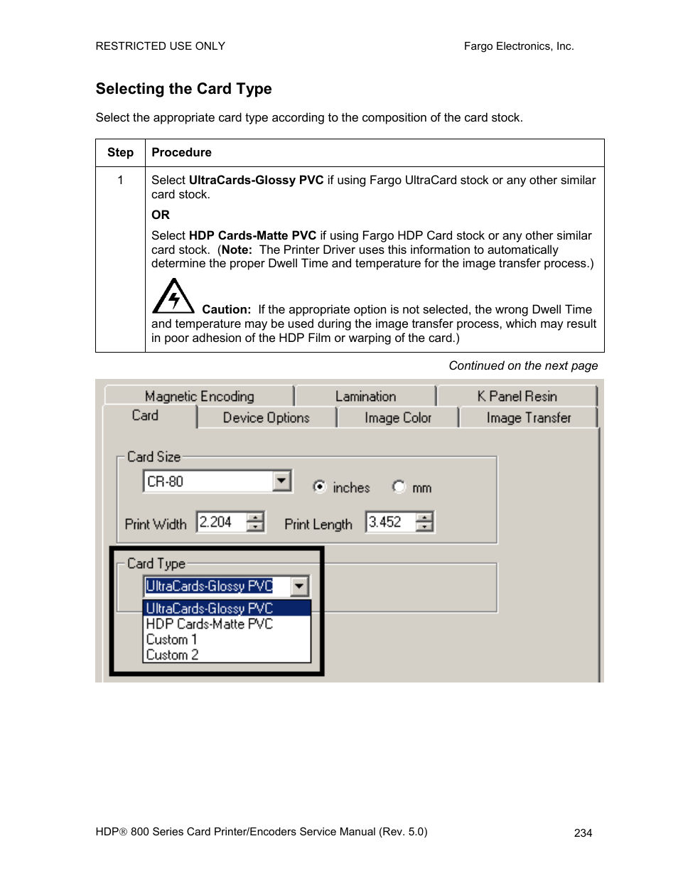 Selecting the card type | FARGO electronic HDP820 User Manual | Page 248 / 370