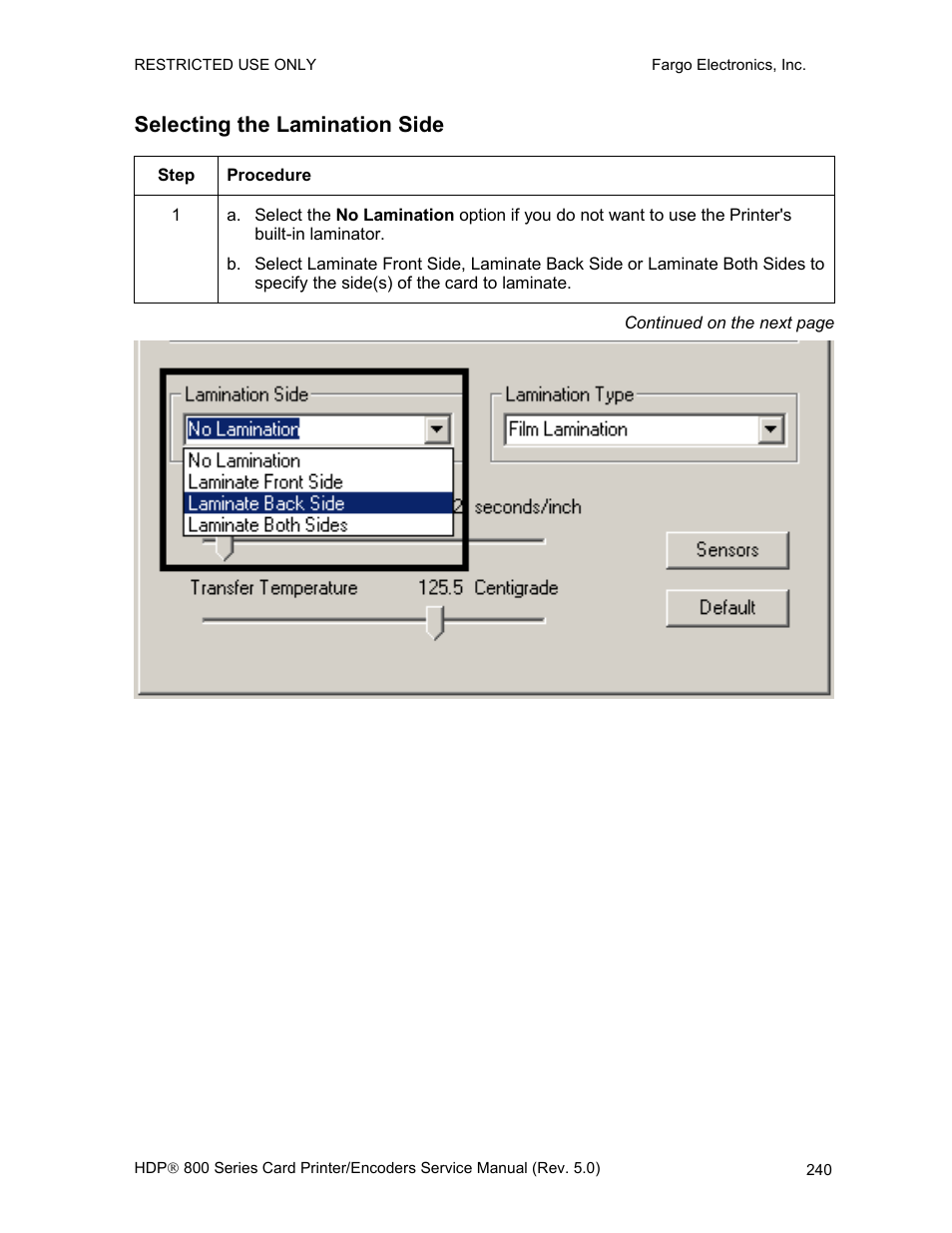 Selecting the lamination side | FARGO electronic HDP820 User Manual | Page 254 / 370