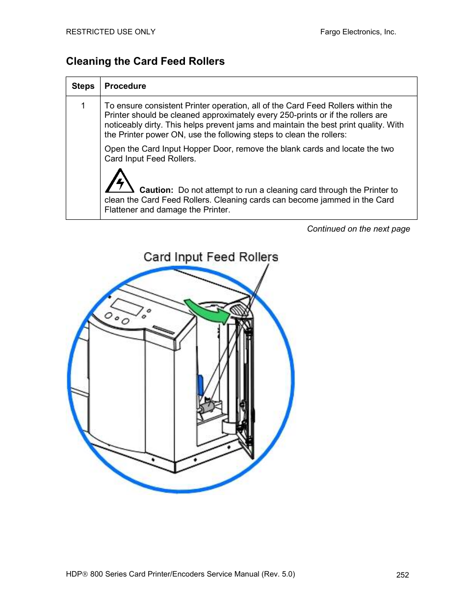 Cleaning the card feed rollers | FARGO electronic HDP820 User Manual | Page 266 / 370