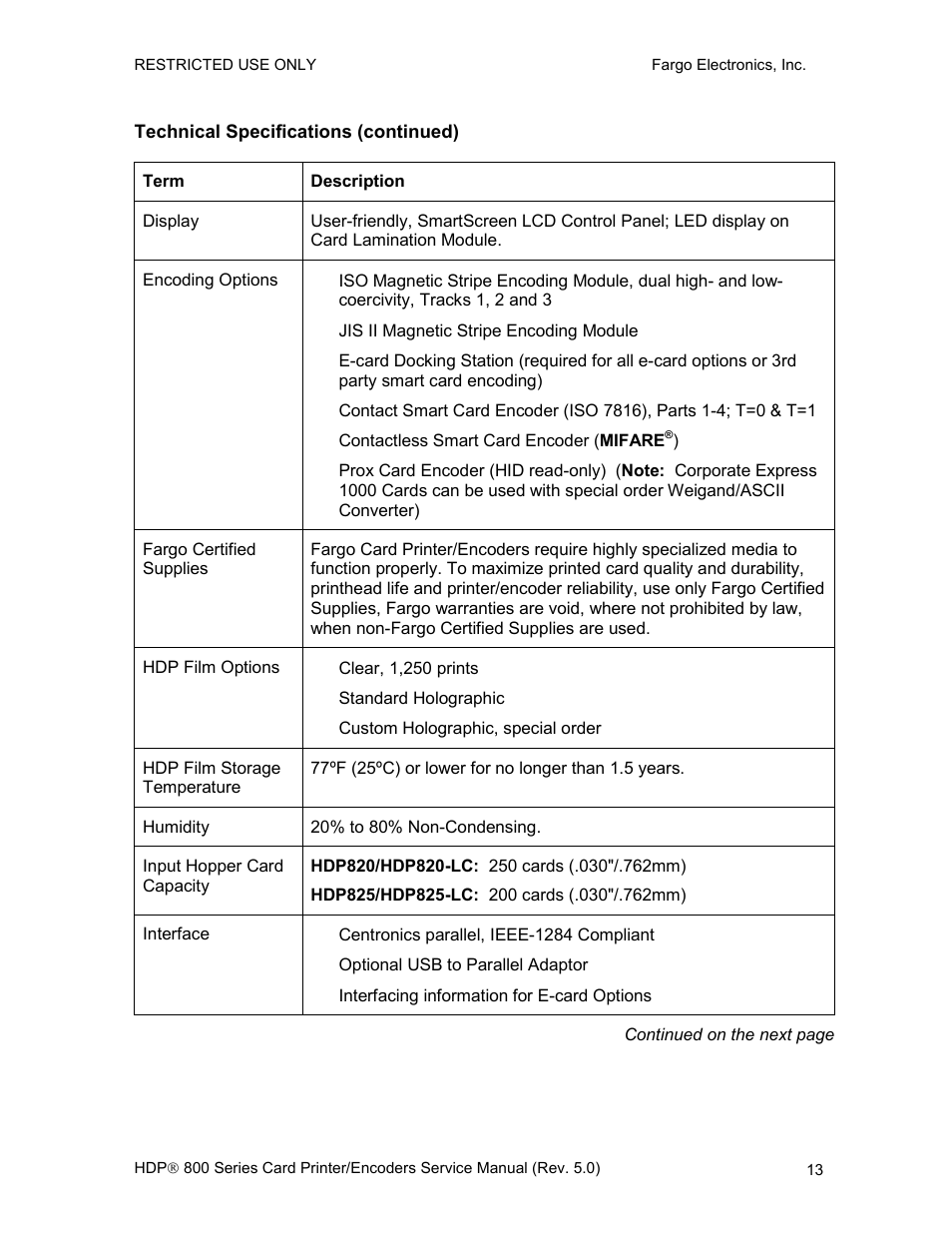 Technical specifications (continued) | FARGO electronic HDP820 User Manual | Page 27 / 370