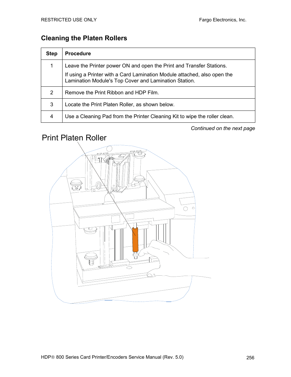 Cleaning the platen rollers, Print platen roller | FARGO electronic HDP820 User Manual | Page 270 / 370
