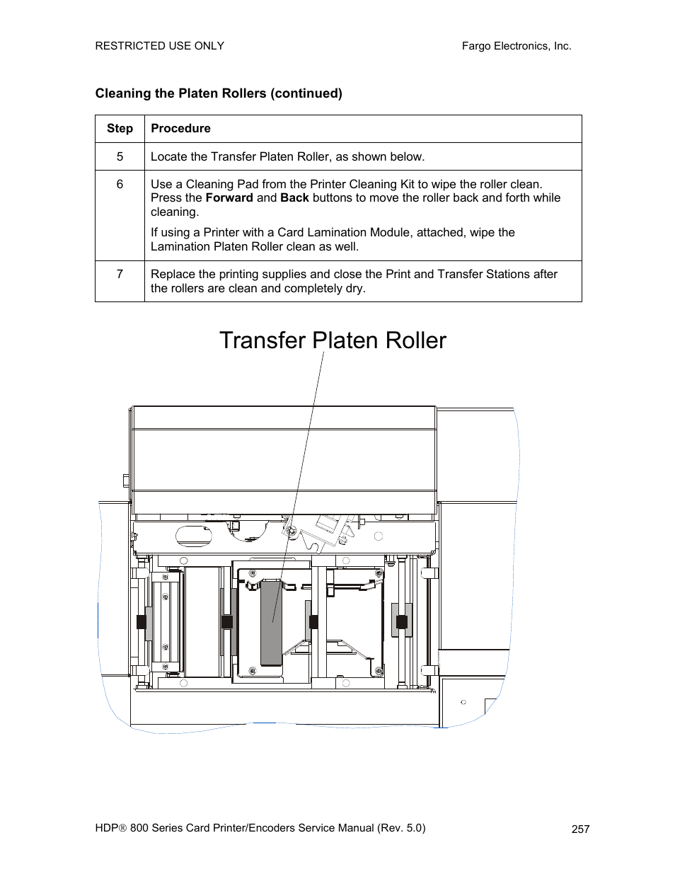 Cleaning the platen rollers (continued), Transfer platen roller | FARGO electronic HDP820 User Manual | Page 271 / 370