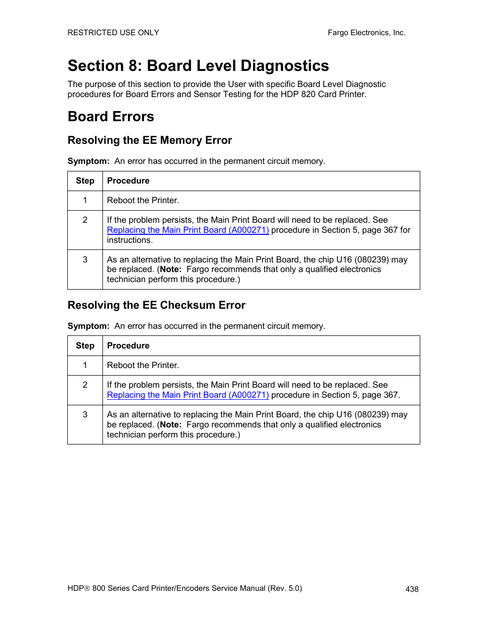 Section 8: board level diagnostics, Board errors, Resolving the ee memory error | Resolving the ee checksum error, Resolving the dram, Memory error, Resolving the ee memory, Error, Resolving the ee, Checksum error | FARGO electronic HDP820 User Manual | Page 273 / 370