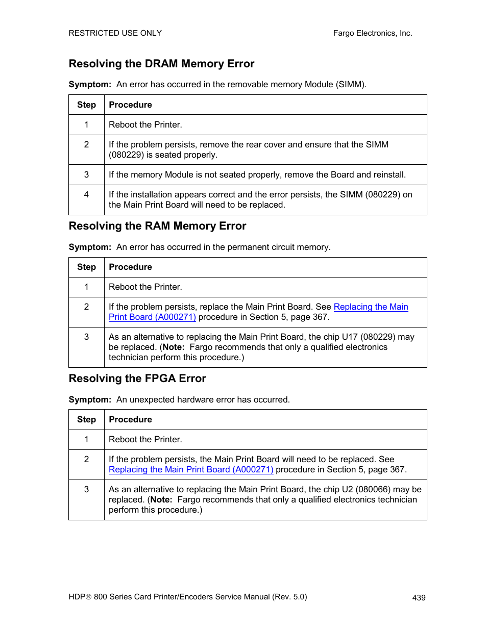 Resolving the dram memory error, Resolving the ram memory error, Resolving the fpga error | FARGO electronic HDP820 User Manual | Page 274 / 370