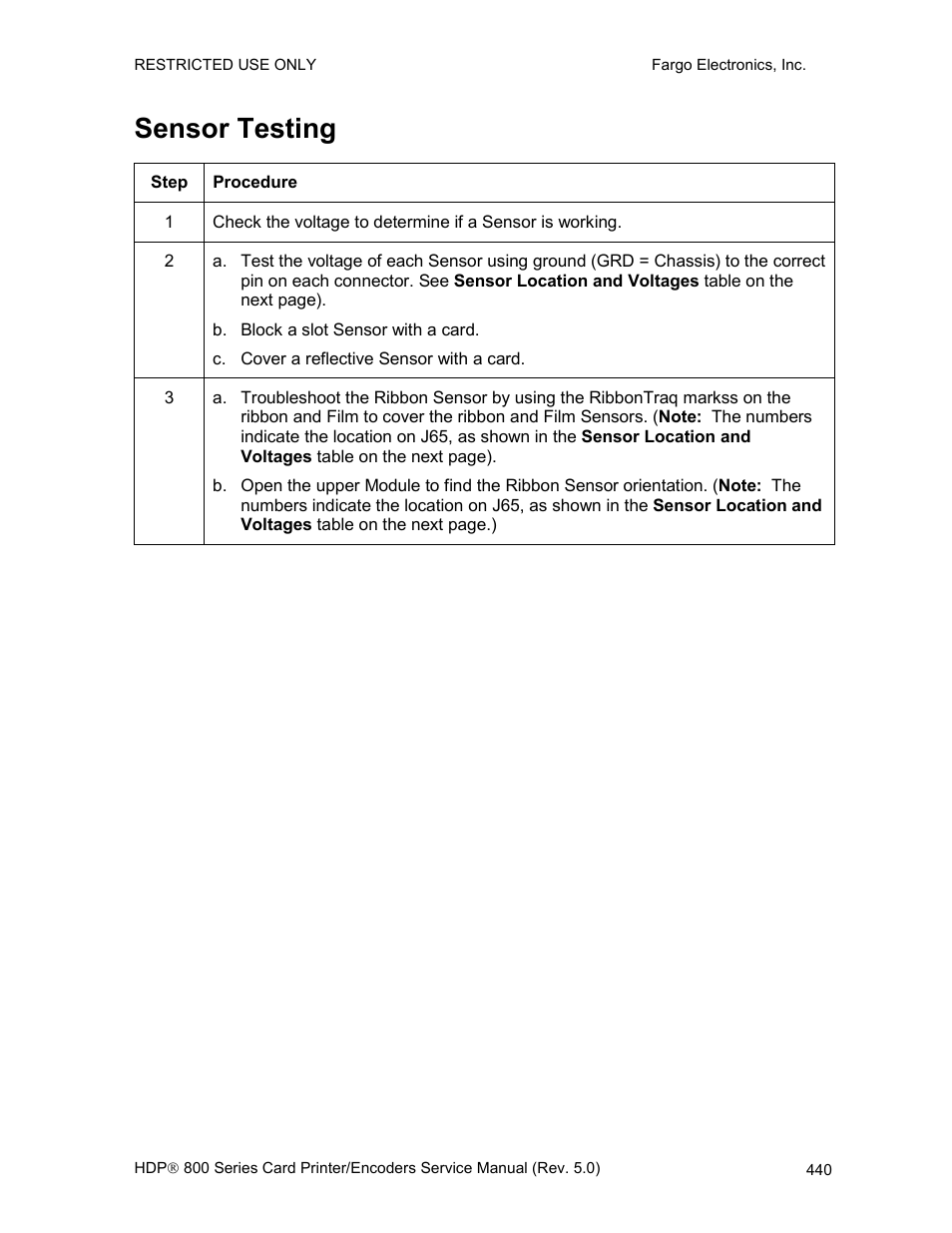 Sensor testing | FARGO electronic HDP820 User Manual | Page 275 / 370