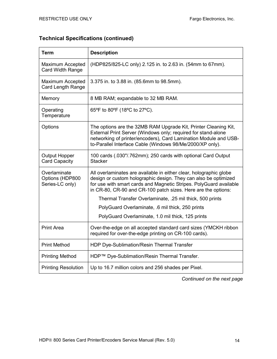 Technical specifications (continued) | FARGO electronic HDP820 User Manual | Page 28 / 370