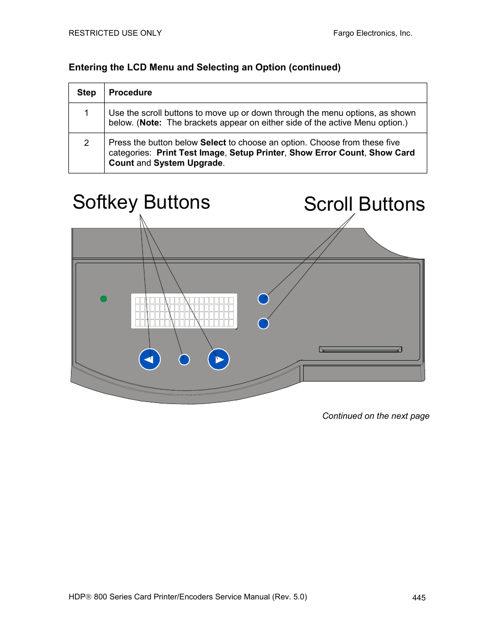 Selecting from the menu option tree, Structure, Softkey buttons scroll buttons | FARGO electronic HDP820 User Manual | Page 280 / 370